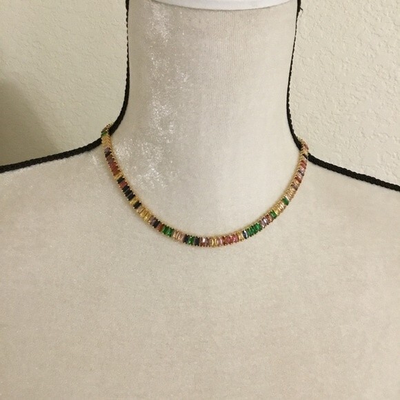 New! Baguette Multi Color Rainbow Gemstone Goldtone Choker Necklace - Picture 7 of 7